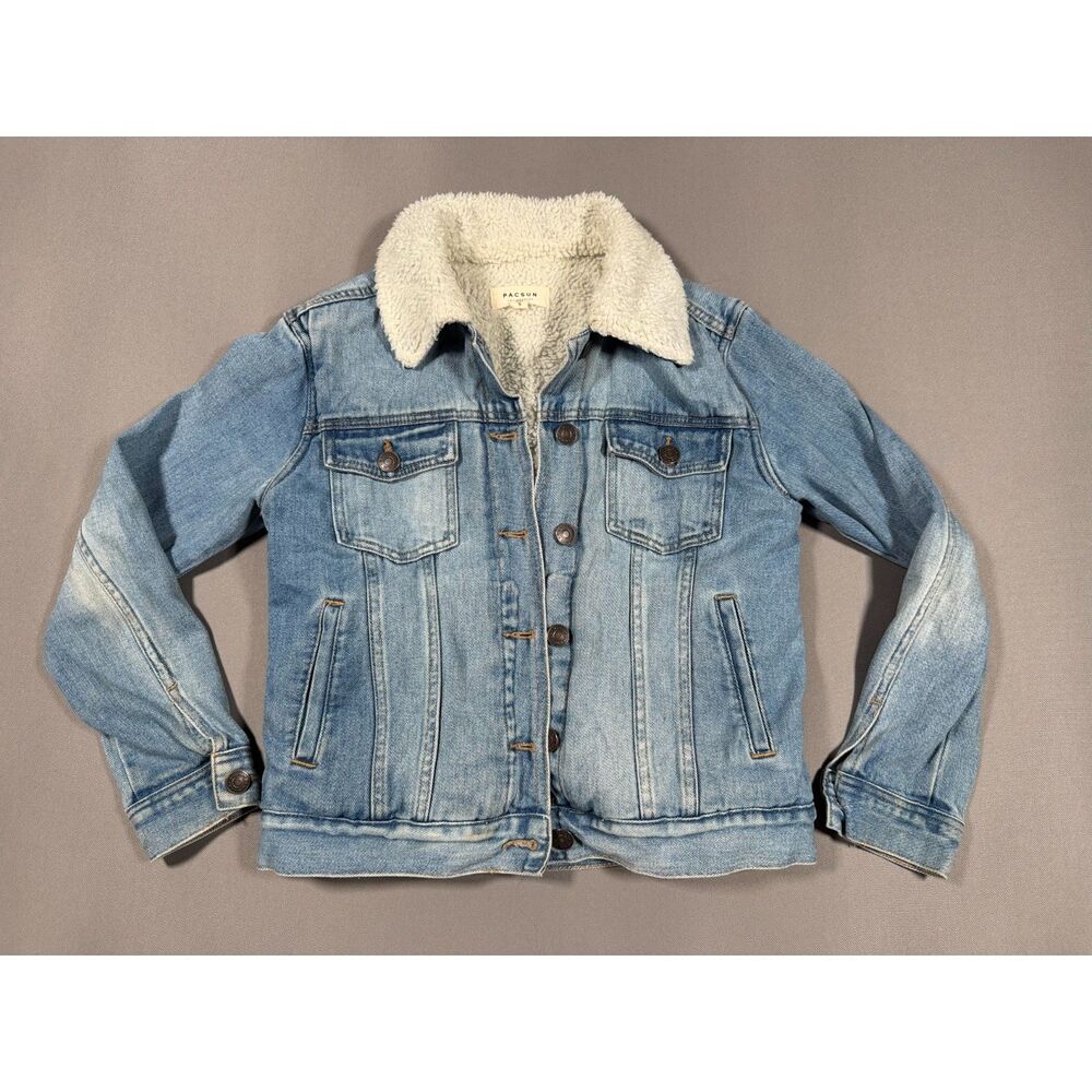 PacSun Women Sherpa Lined Denim Jacket Size Small Light Wash Faux Fur Trucker S